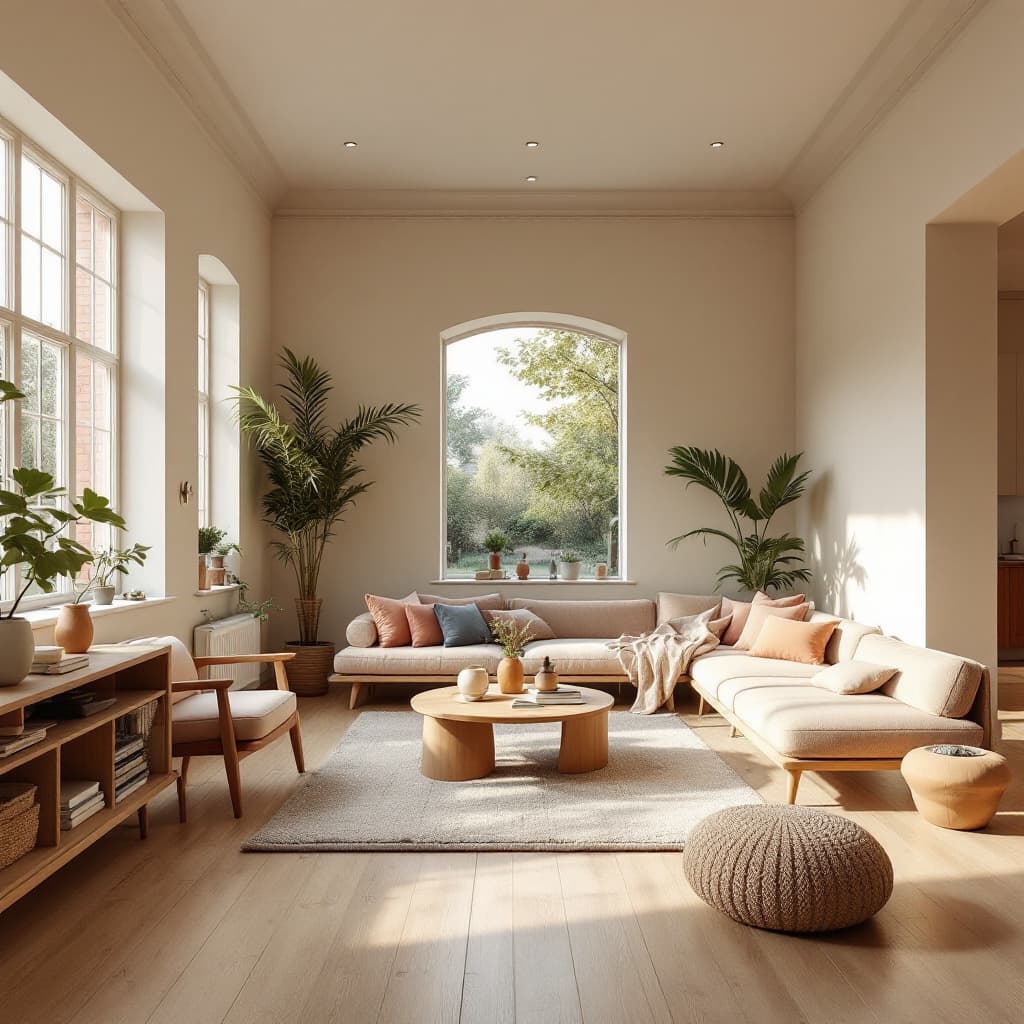 AI generated: High resolution photography interior design, dreamy sunken living room conversation pit, wooden floo...