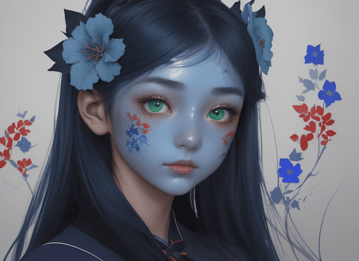 AI generated: a beautiful picture of a girl with blue flowers on her face, in the style of monochromatic paintings...