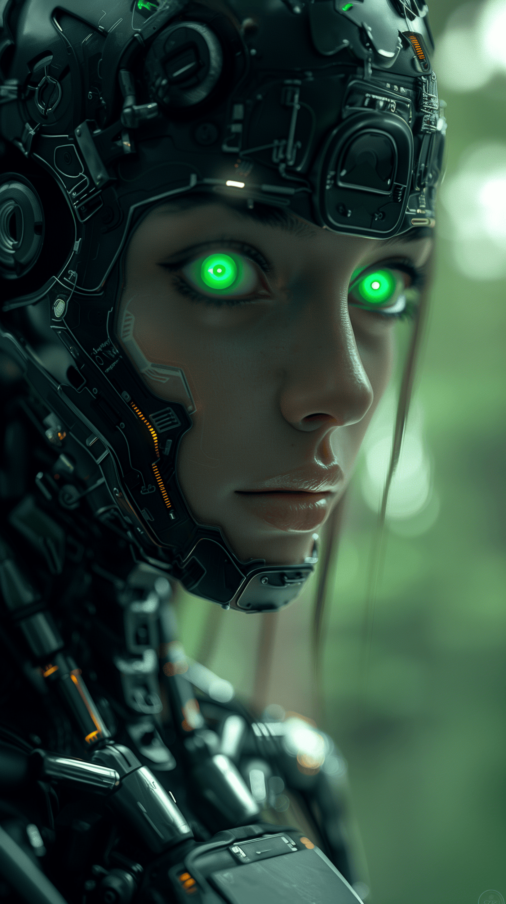 AI generated: close-up portrait of a complex robot in a dimly lit room, green glowing eyes, gaze to front, half of...