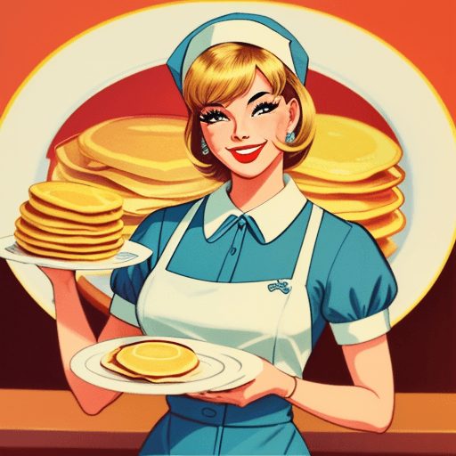 AI generated: 1960s golden age advertising illustration. Beautiful diner waitress with plate of pancakes. She smil...