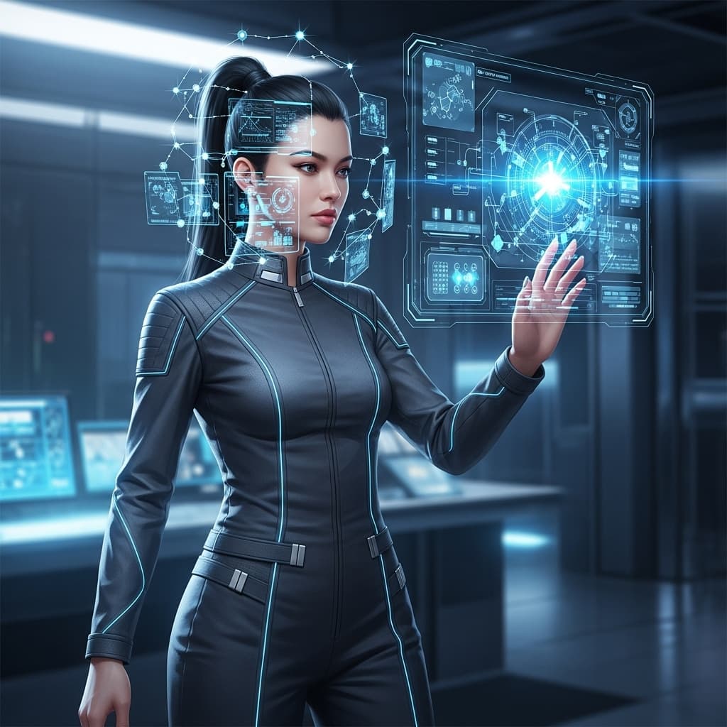 AI generated: technology innovation modern futuristic intelligence security cybernetic ethereal holographic interf...