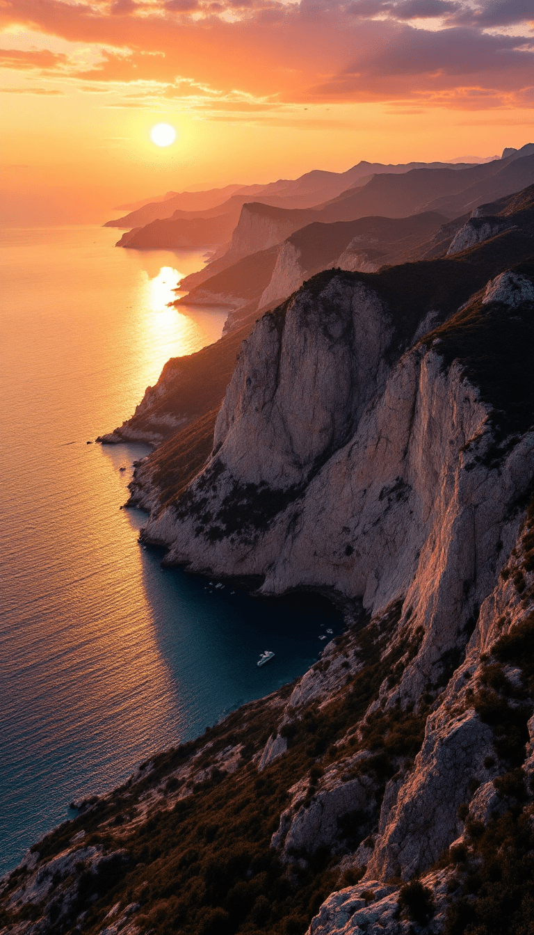 AI generated: An aerial view of the Crimean coast during sunset: steep cliffs silhouetted against the warm hues of...