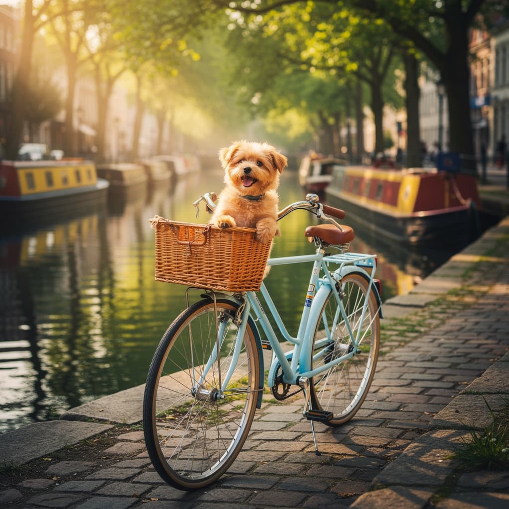 AI generated: A cheerful dog riding in a small basket attached to the front of a vintage bicycle, moving slowly al...