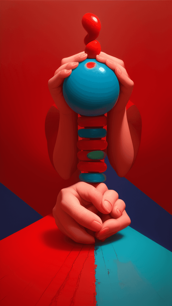 AI generated:  two hands bending down to reach a red object, in the style of vibrant compositions, snailcore, phot...