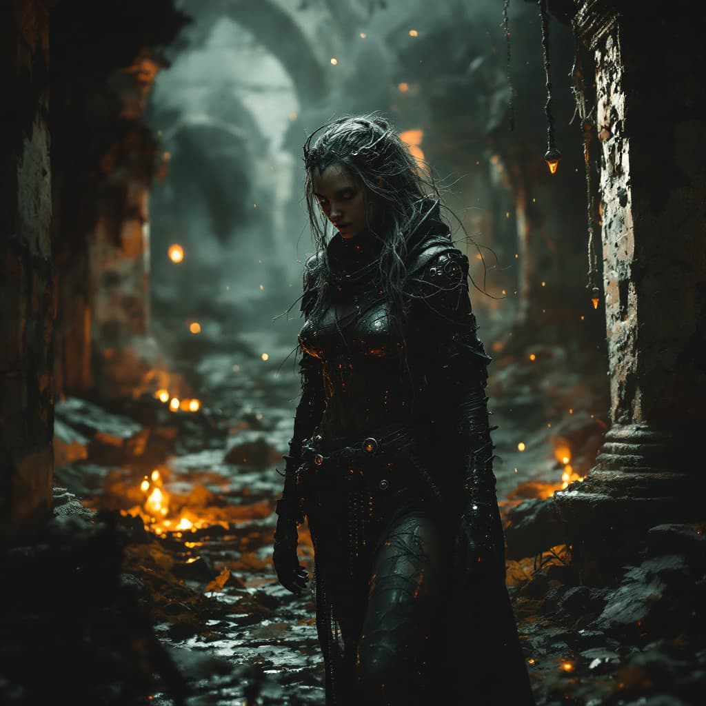 AI generated: female cyberpunk druid, moody lighting, fog, medieval decay, on, on, shot on DSC_8543.ARW, criterion...