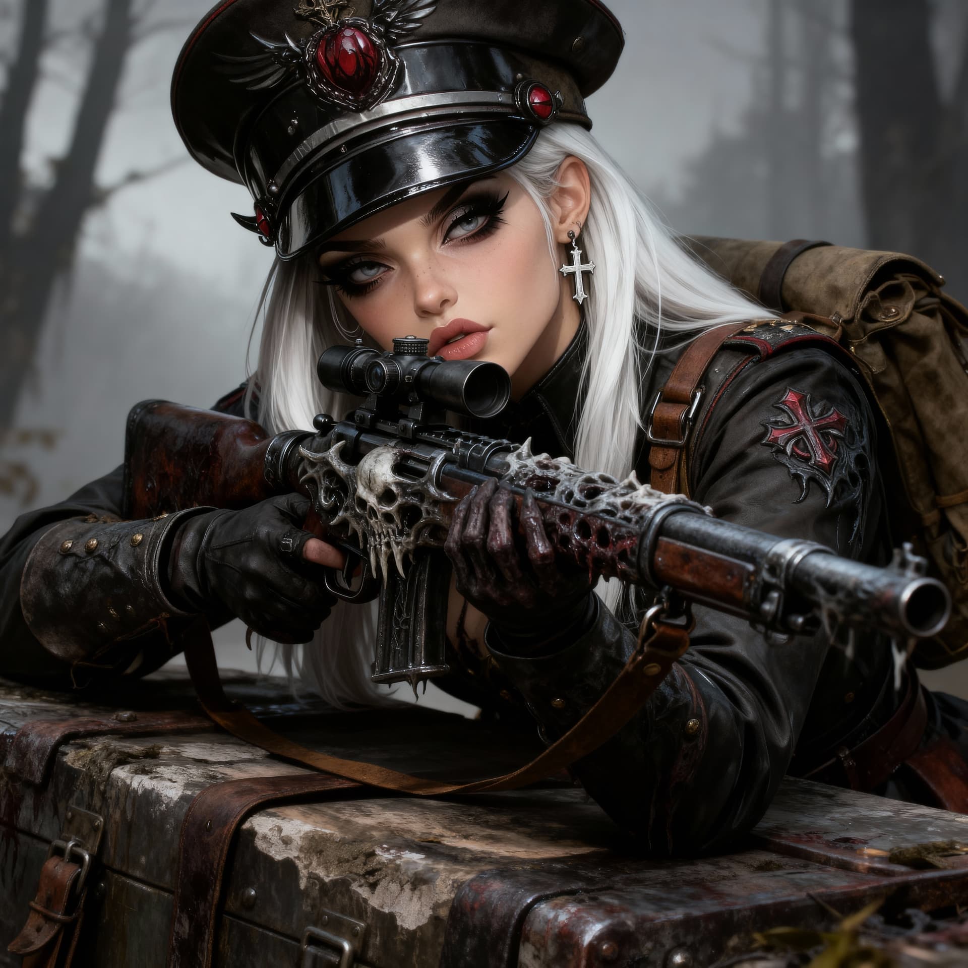 AI generated: she is a sniper in ww1 ,amazing sniper pose,detailed macabre gothic sniper riffle,amazing sniper pos...