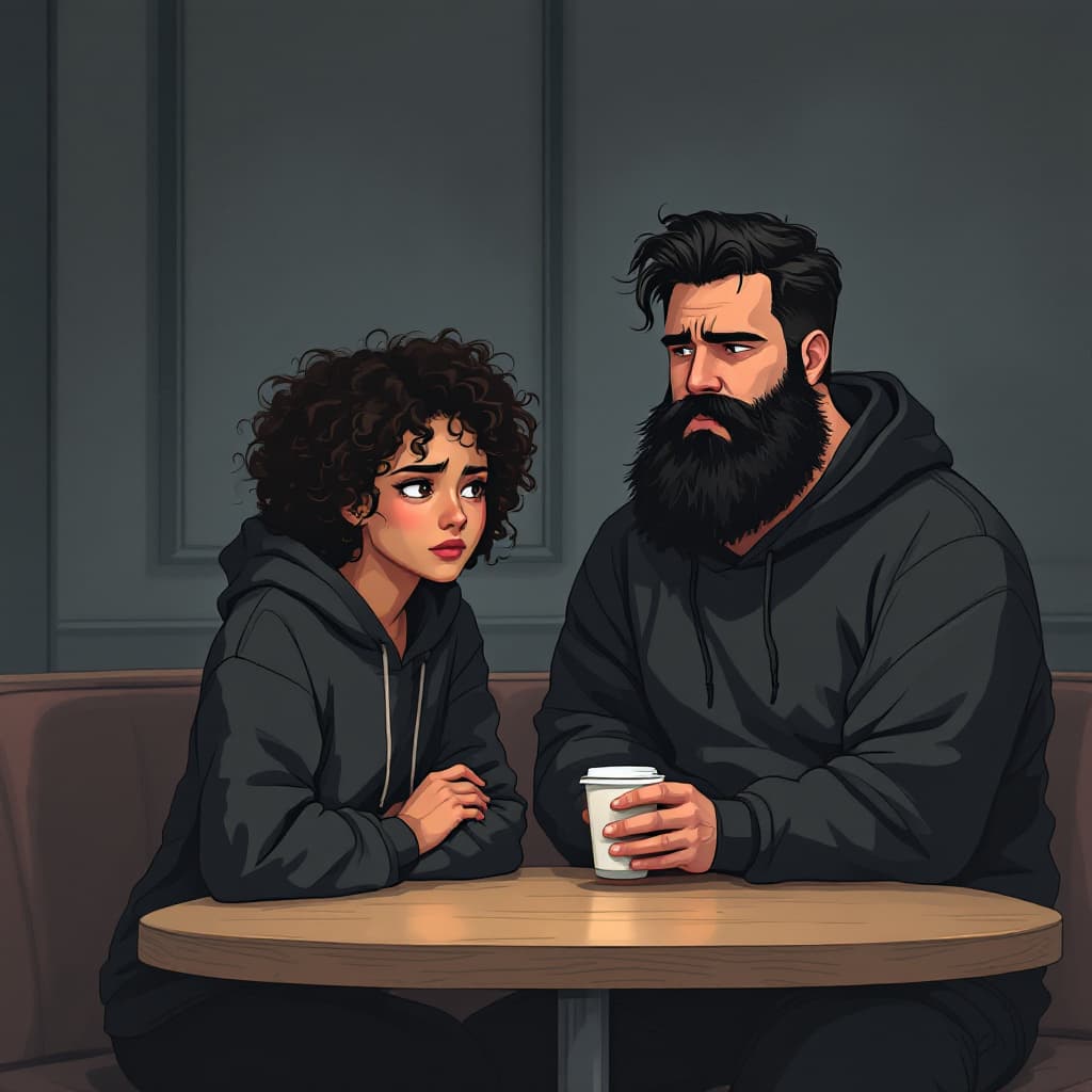 AI generated: An anime-style illustration of a Mexican-American 35-year-old woman and a 34-year-old man sitting aw...
