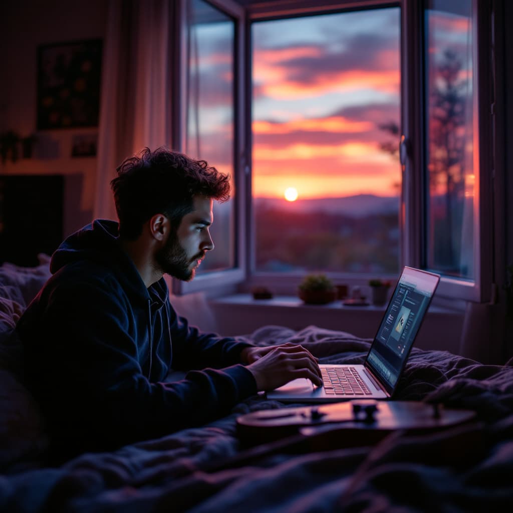 AI generated: a close up of 23 year old using a mac book in his room next to his guitar lying near his open window...