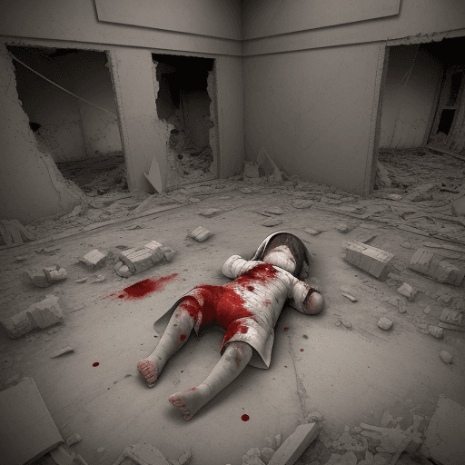 AI generated: pastre up art . a wounded child with blood hiding from rockets coming from the sky.. depicts destroy...