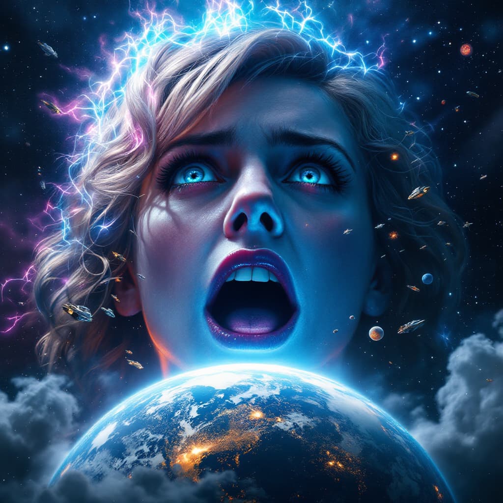 AI generated: enormous giantess actress Jodie Whittaker as the 13th Doctor from Doctor Who,
bigger than a galaxy f...