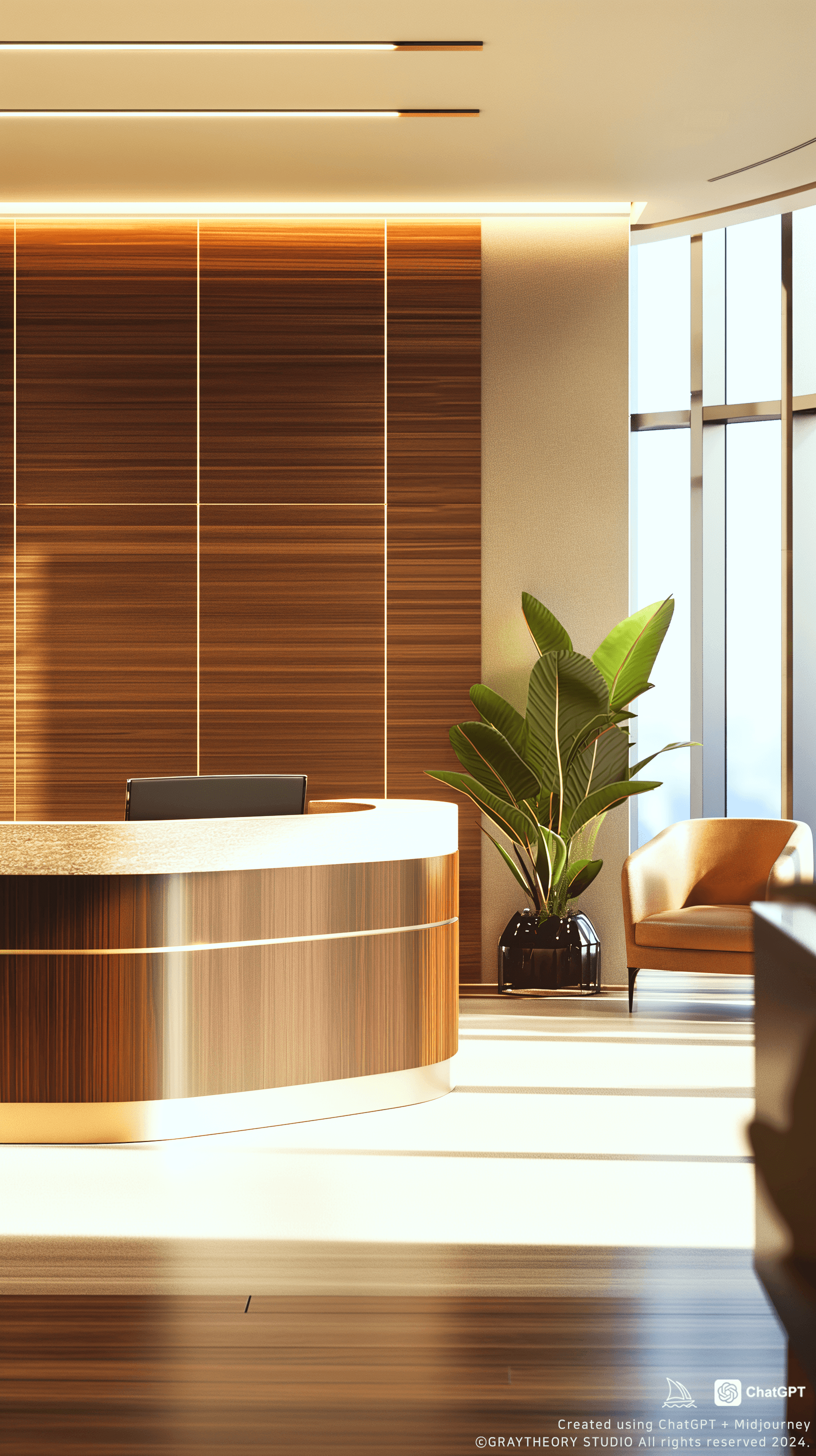 AI generated: Front view, office, minimalist, contemporary style, high gloss, cool-toned lighting, bright afternoo...