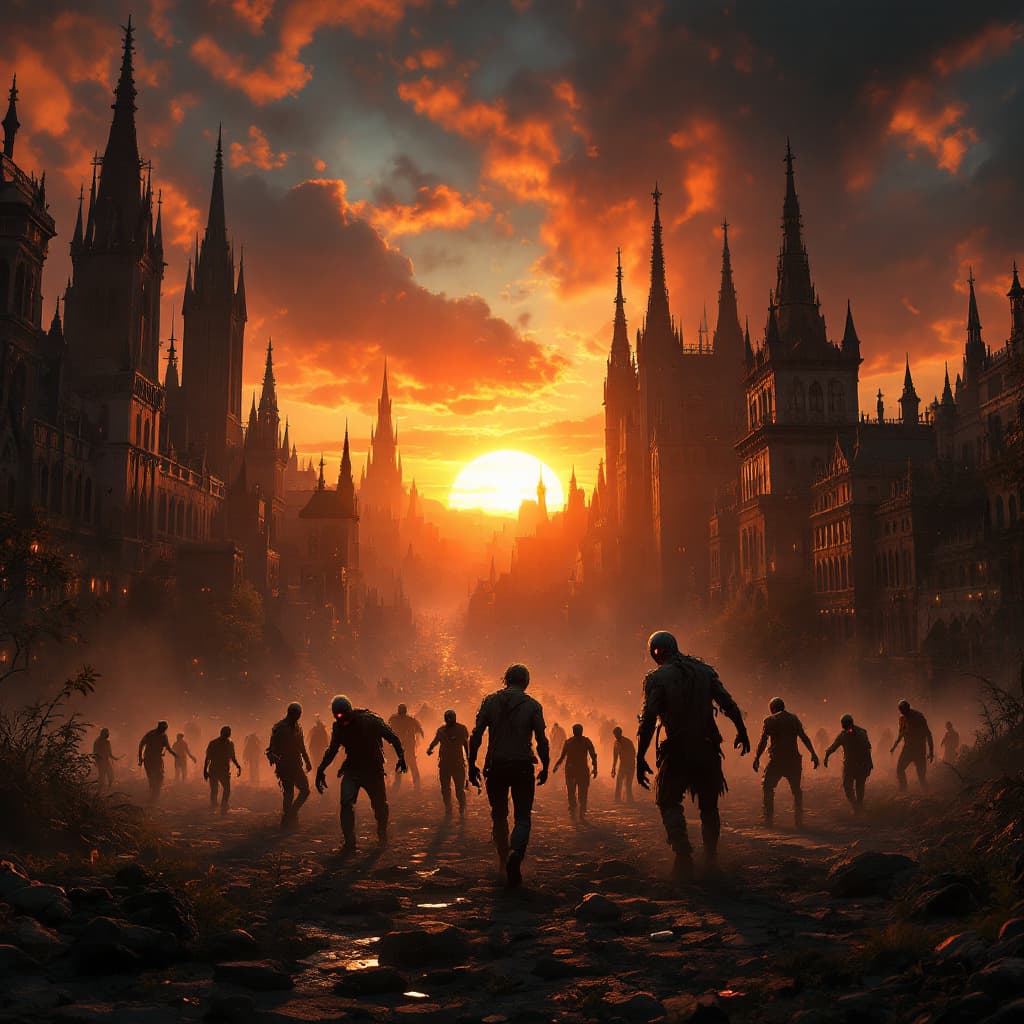 AI generated: Gothic sunset city view, zombie apocalypse, 10 zombies attack people, dramatic lighting, low angle, ...