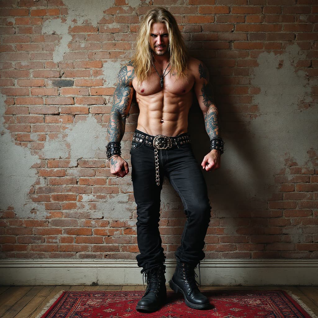 AI generated: Full body view, metal rocker, very long wavy blond hair, round face, chiseled jawline, toned muscles...