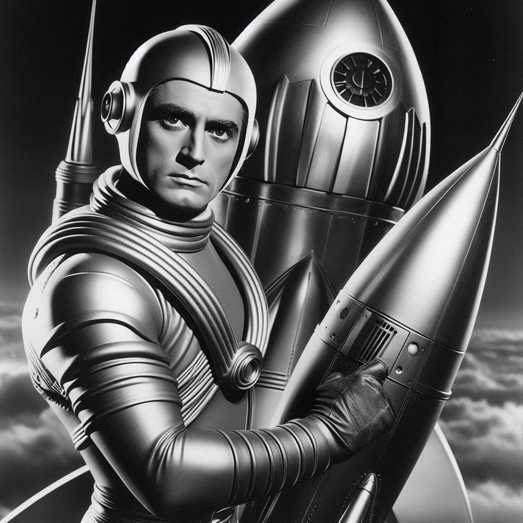 AI generated: Buck Rogers in the 23rd century, Dieselpunk Rocketship, Style of Streamline Moderne, 1930s b/w movie...