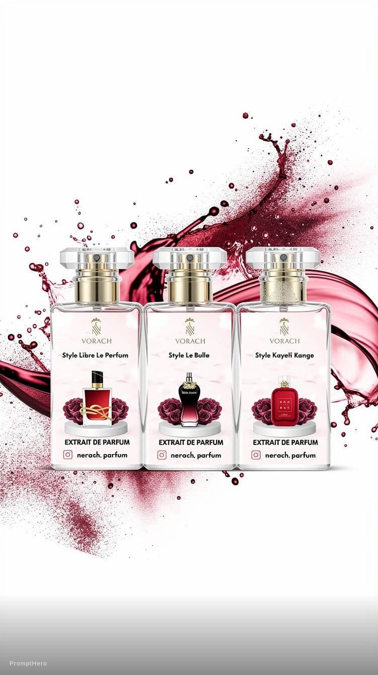 AI generated: a photo of 3 big perfumes with a vinous and white powder explosion on a white background --ar 2:3 --...