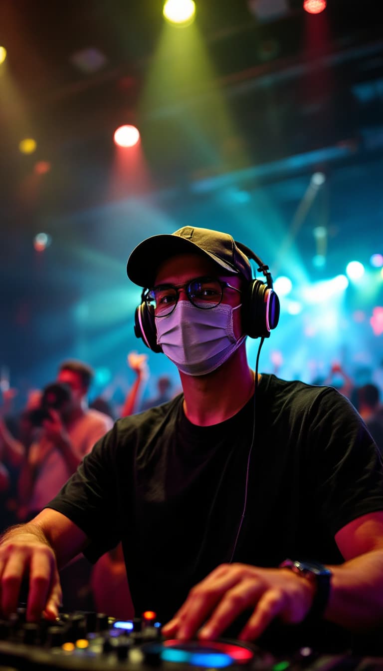 AI generated: A DJ with a face masked and glasses wearing a baseball cap and a black T-shirt, headphones, entertai...