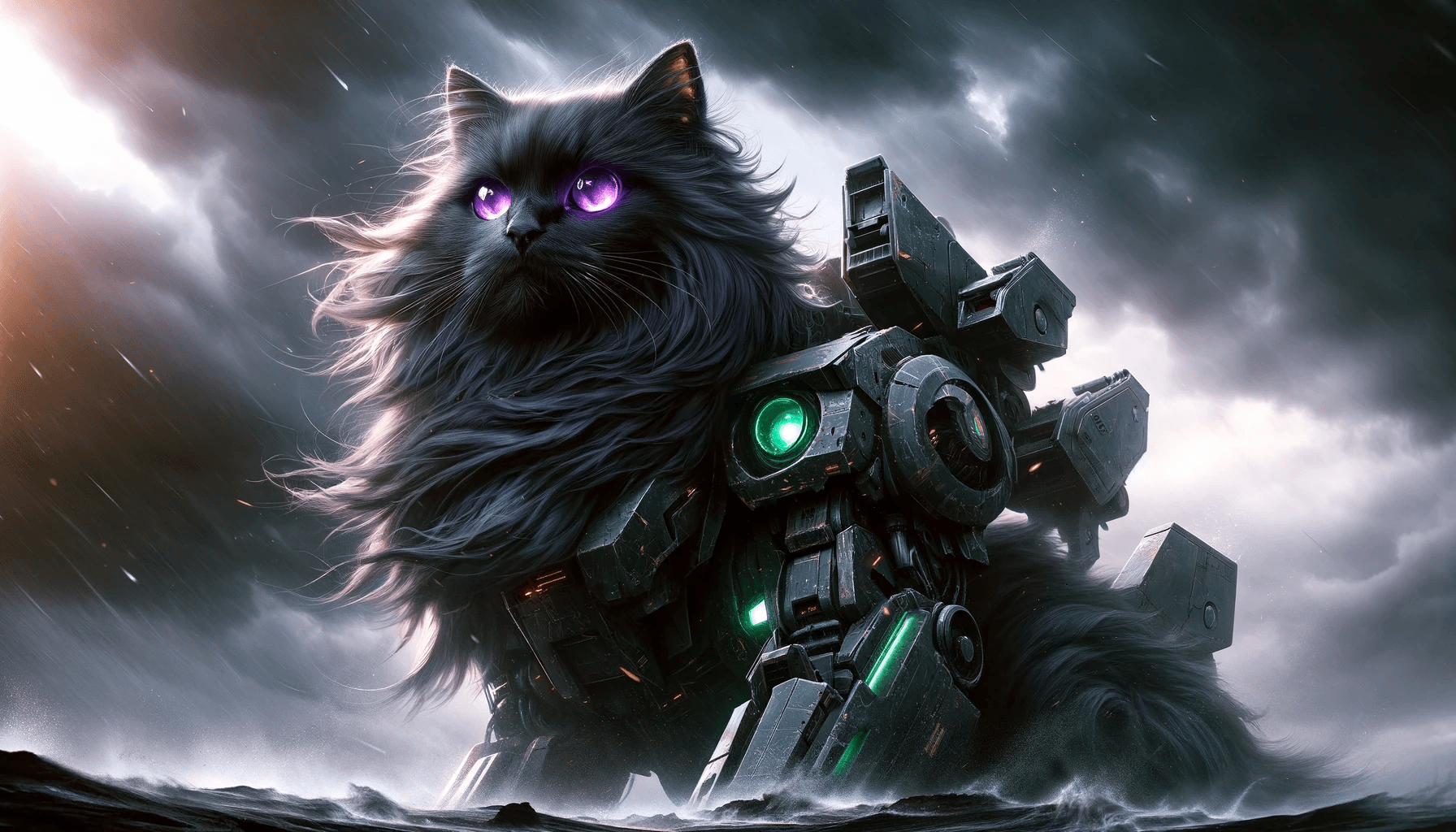 AI generated: Create an image of a giant black medium long-haired cat with glowing purplish-green eyes, wearing a ...