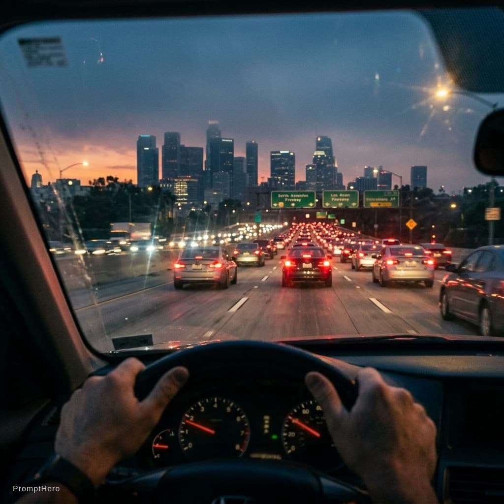 AI generated: End-of-day rush hour on a Los Angeles freeway, POV from the driver’s seat; lower frame shows a sligh...