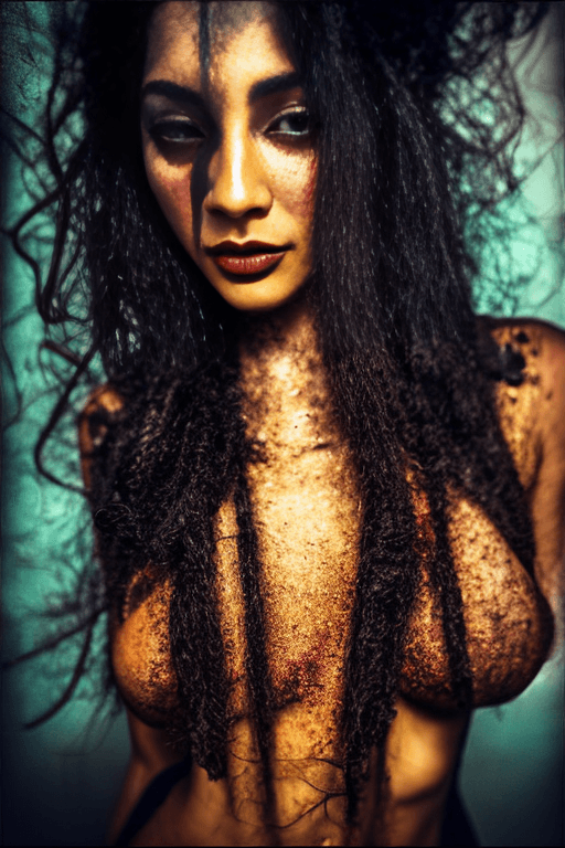 AI generated: skin from chaos, dark atmosphere, dust explosion inside, 18mm lens F1.8 {big breasts:1}{full portrai...