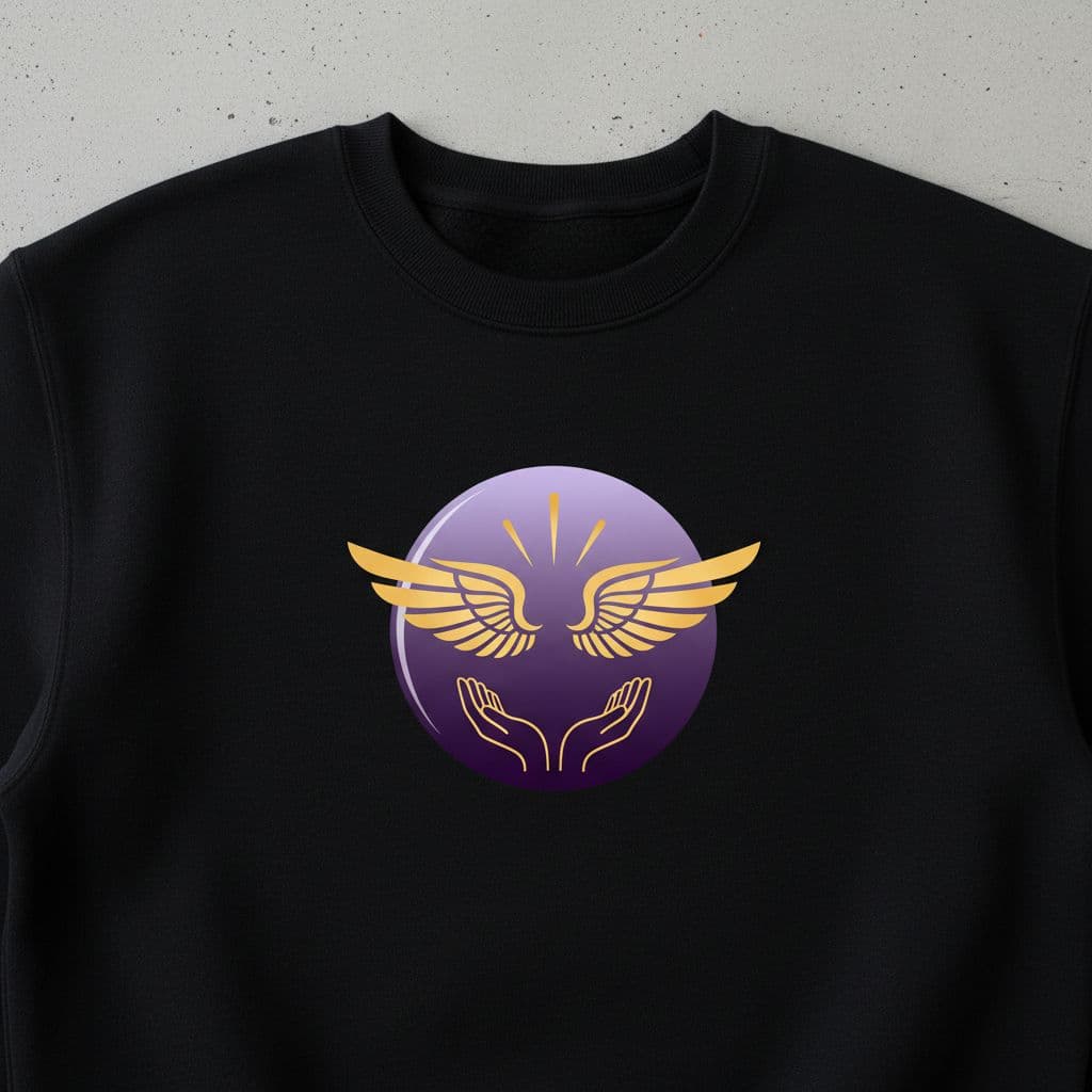 AI generated: put on a black Sweater merchandise: A minimalist, spiritual logo design featuring a purple gradient ...