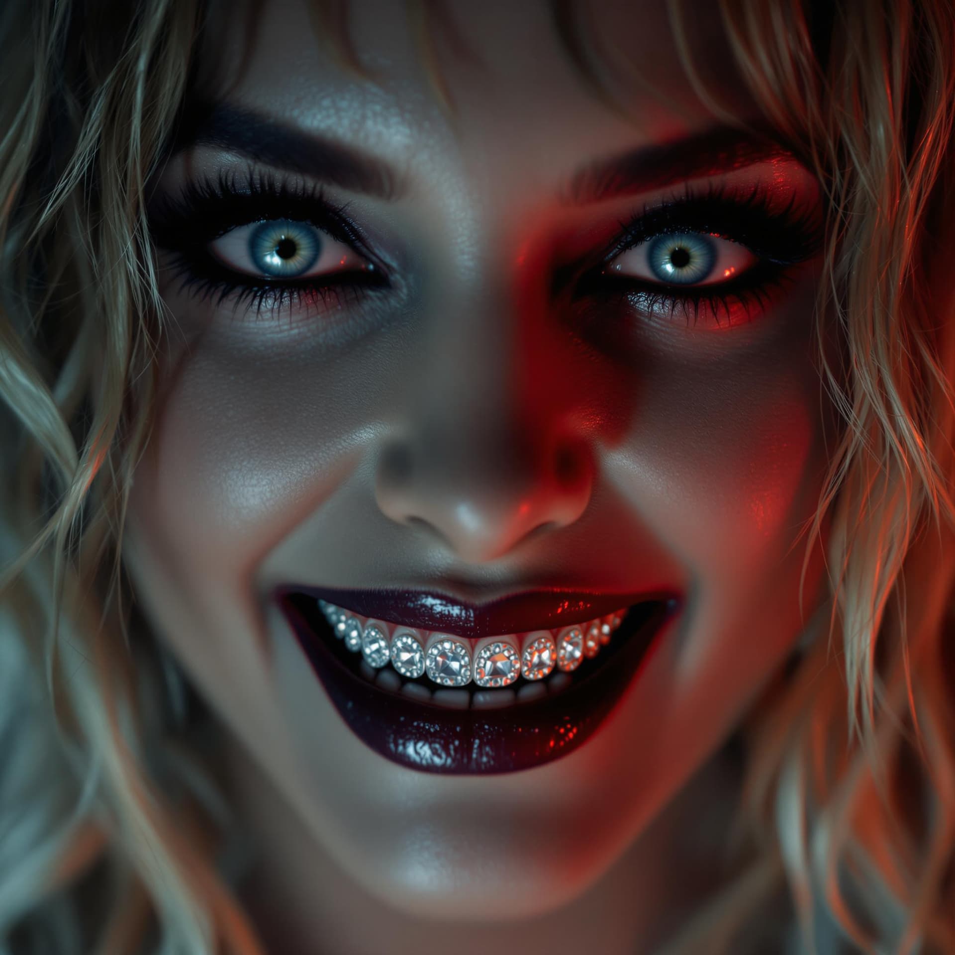 AI generated: hyper-realistic close-up portrait of a woman inspired by Madonna, styled as a horror character from ...