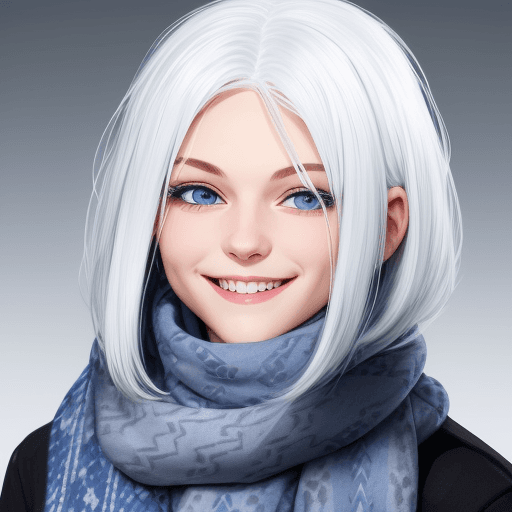 AI generated: a smiling girl with white hair and blue eyes wearing a long scarf
