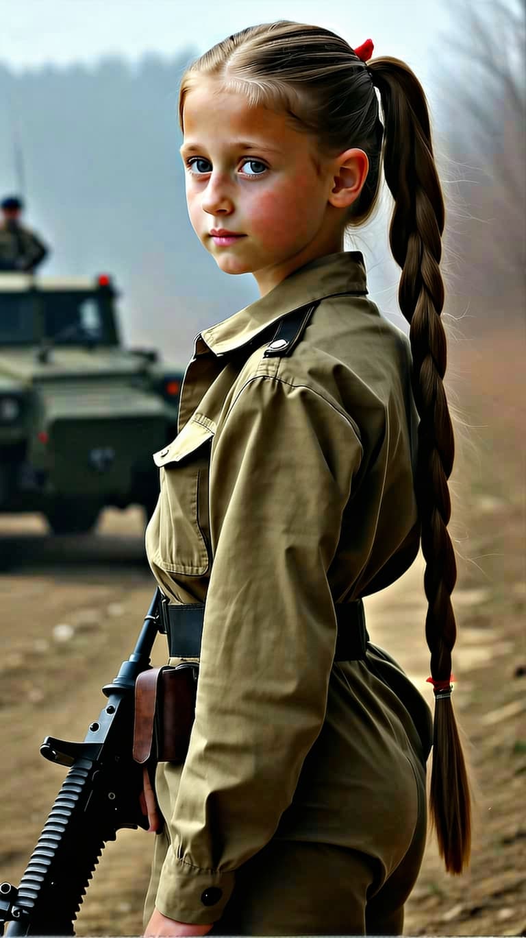 AI generated: A photo realistic of a exceptionally beautiful Ukrainian tween girl, long hair, in a pony tail, dres...