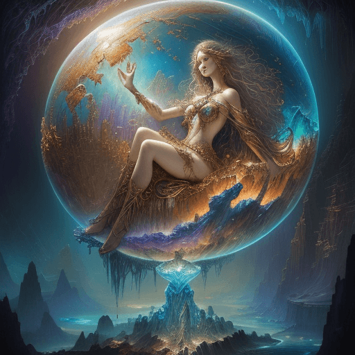 AI generated: Giant Crystal Earth Globe floating above Atlantis, by Josephine Wall, Russ Mills, Pino Daeni, Anna D...