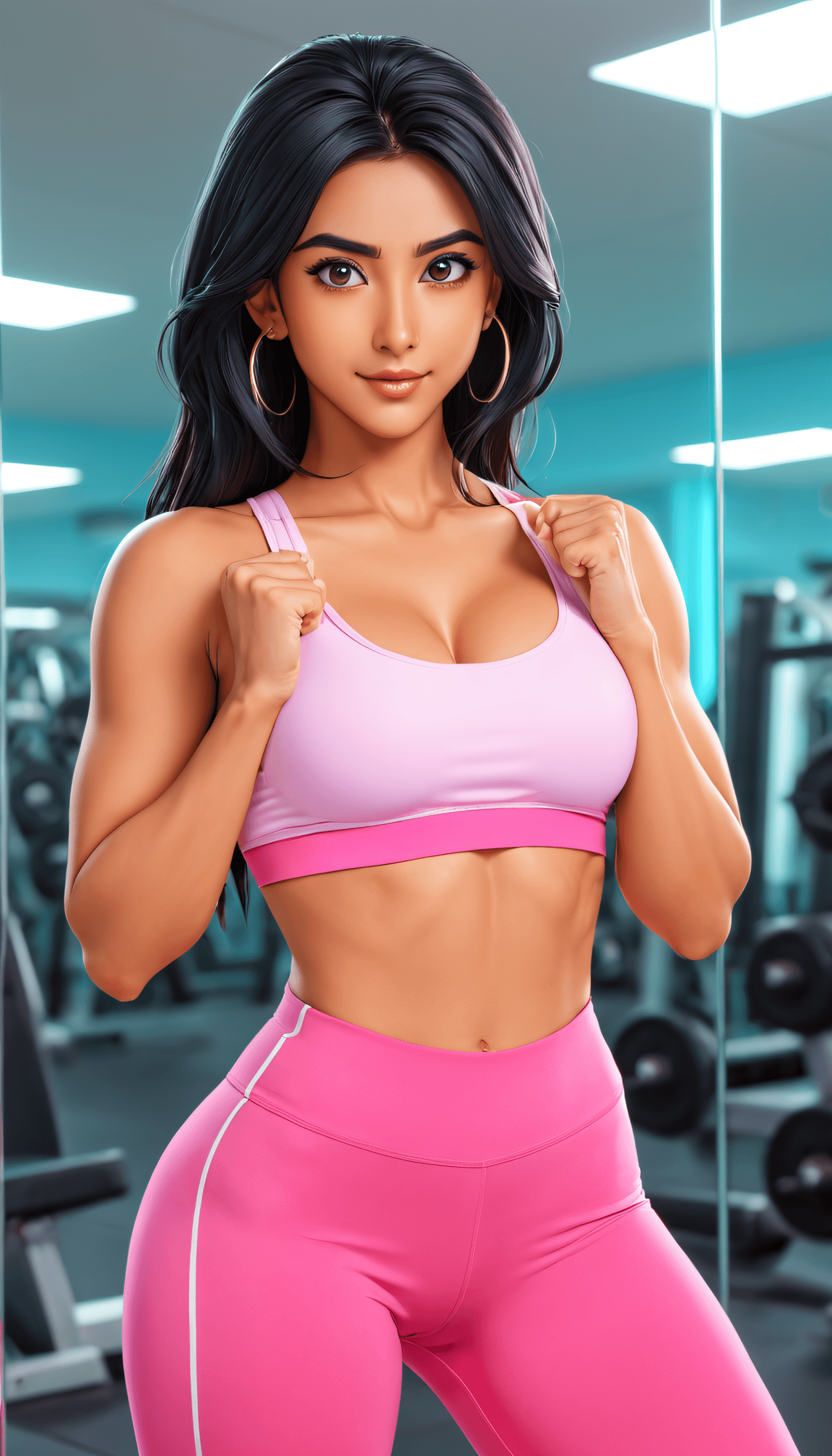 AI generated: (Anime Style:1.2), (An anime Indian Woman:1.05), mid 30's age, (muscular body:1.05) posing in front ...