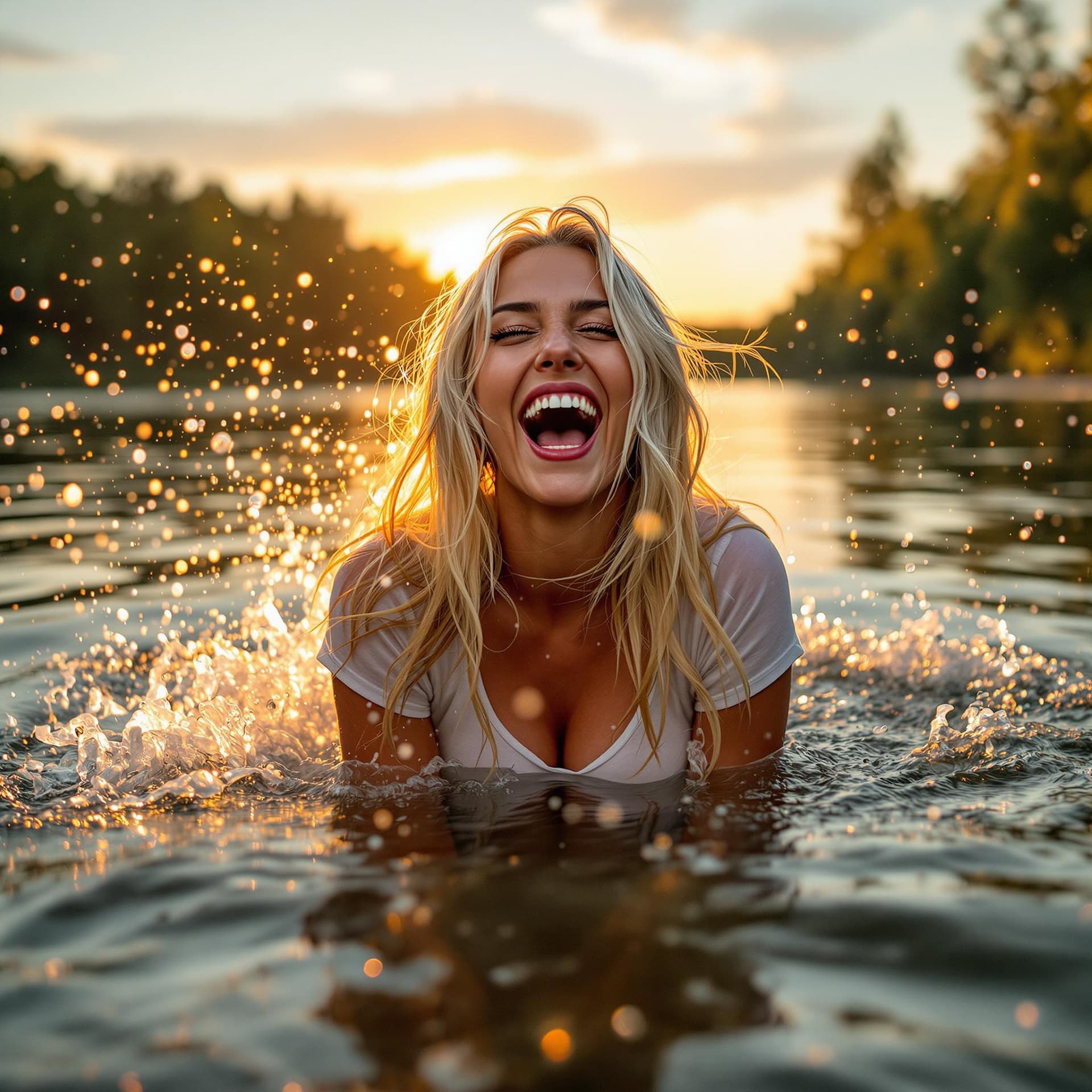 AI generated: photo of 40yo woman with long blonde gray hair in a lake splashing water, sunset, having fun, laughi...