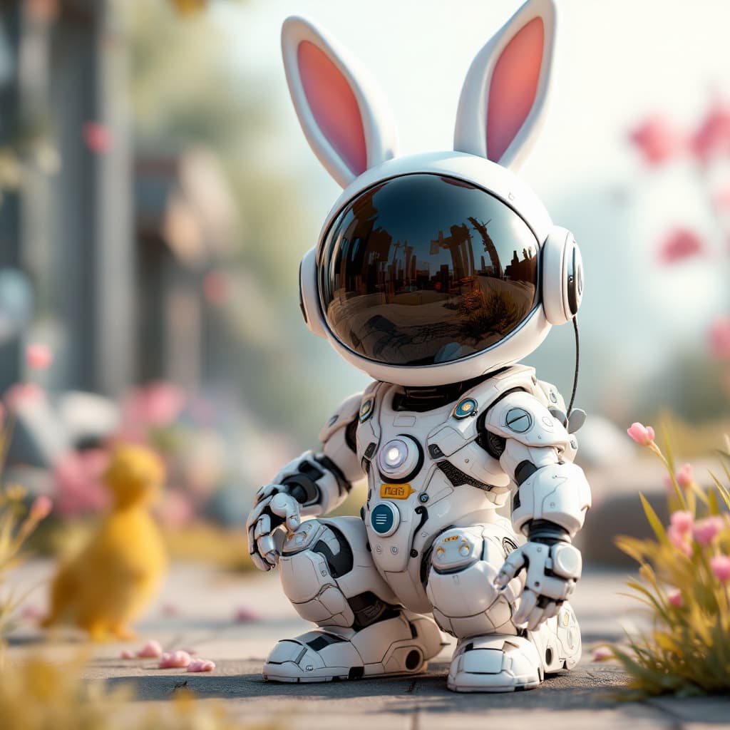 AI generated: Bunny wearing a future mech, pixar, pastel color, natural and realistic lighting and shading, hq, ul...
