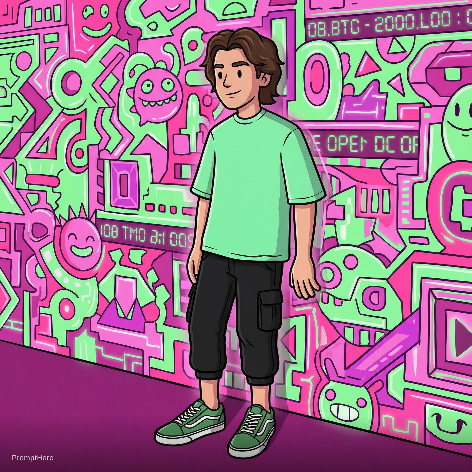 AI generated: creative illustration art, full-body of an man, wearing a mint green color over-fit T-shirt and blac...