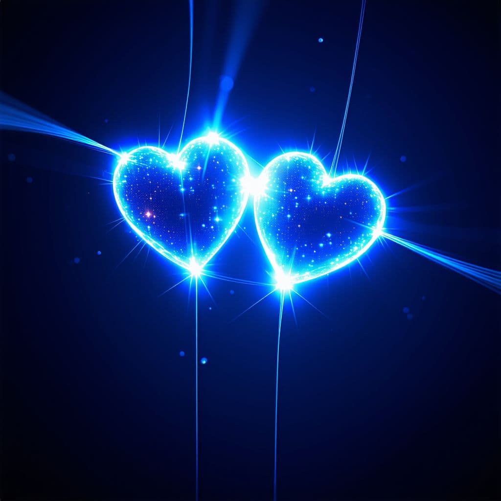 AI generated: Two small stylized glowing hearts floating in deep space, connected by a radiant band of light, surr...