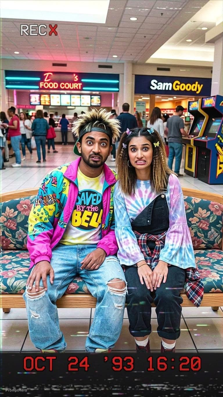 AI generated: Kooky portraits of 90’s mall teens in retro clothing, shot on VHS