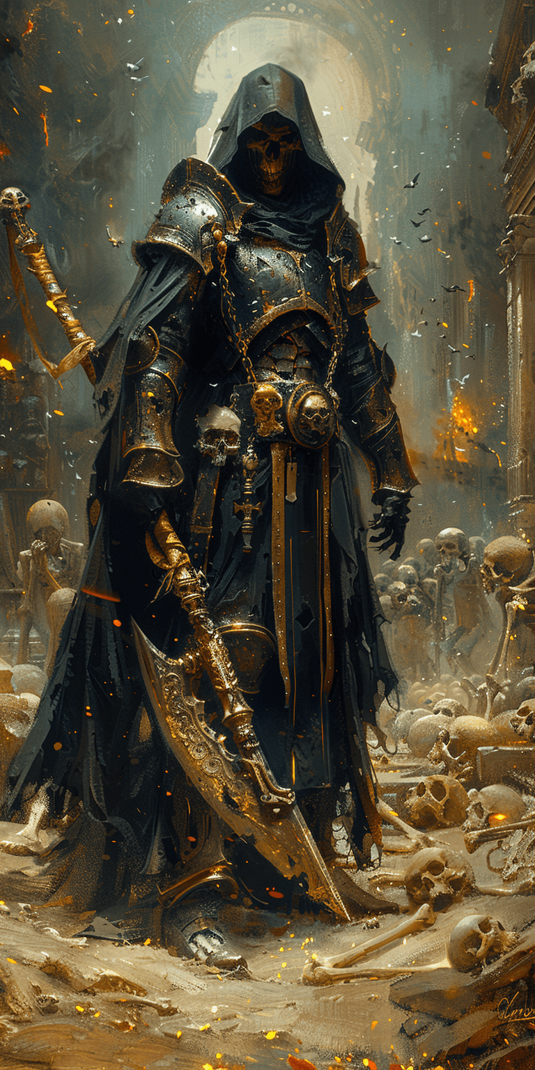 AI generated: painting in the style of a dark fantasy artist of the grim reaper fighting in full plate armor, swin...