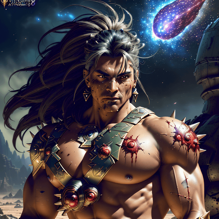 AI generated: the most strongest powerful warrior in the universe, cosmic, epic, muscular, olive smooth tan skin, ...