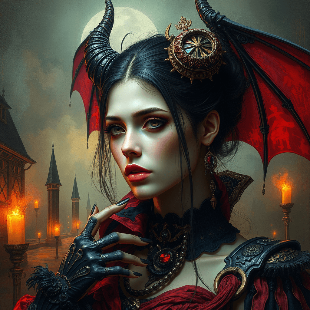 AI generated: a painting of a vampire babe, in the style of brushstroke-intensive portraits, Dark light, steampunk...