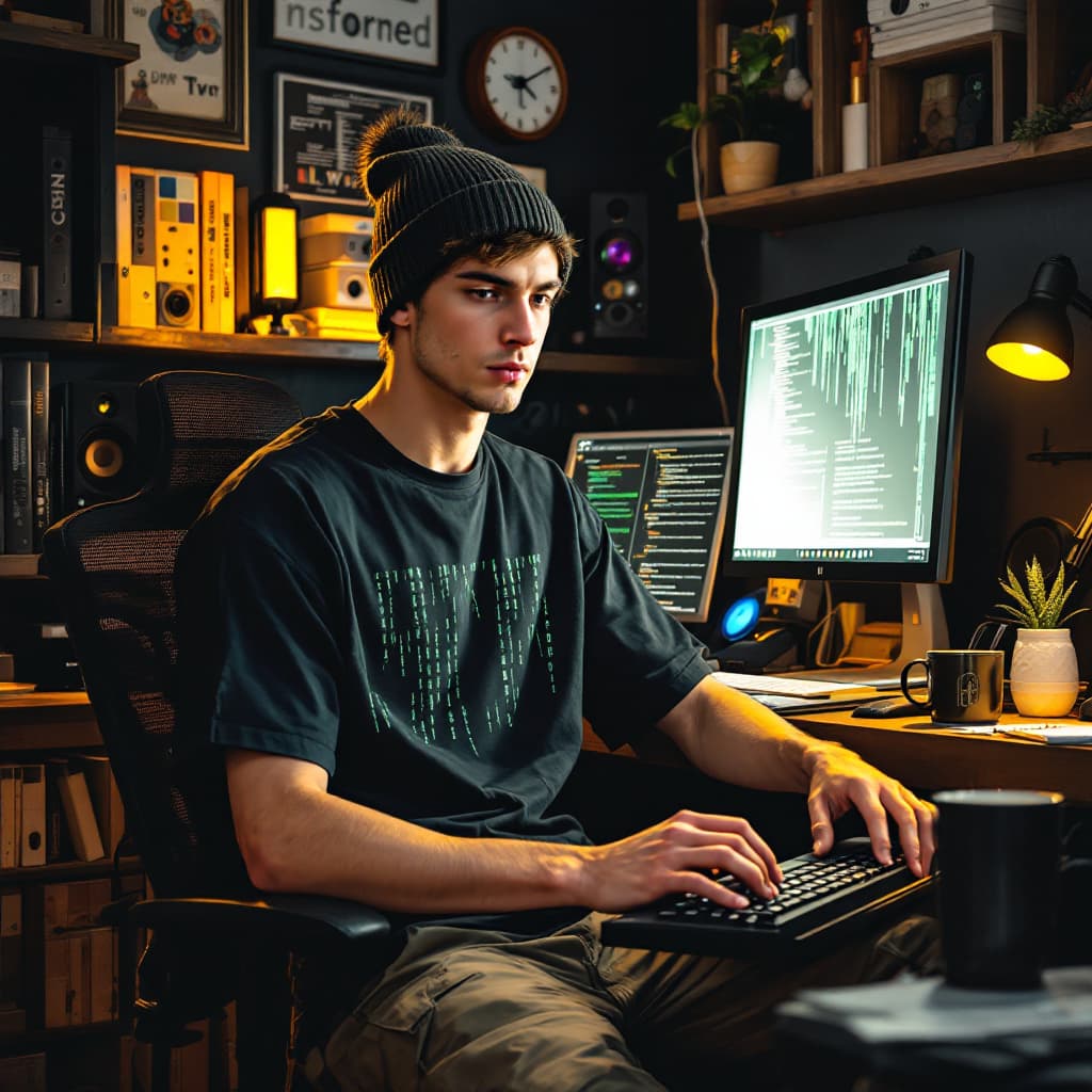AI generated: An adolescent fashion look hipster male programmer serious thoughtful my face in a graphic T-shirt w...