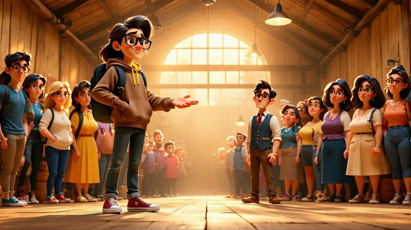 AI generated: A vibrant Pixar-style 3D illustration for a two-page storybook spread, set in a vast warehouse with ...