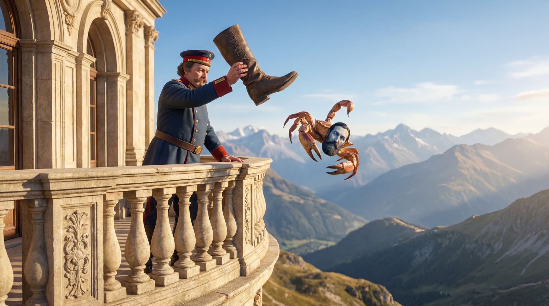 AI generated: he should hold the boot from a vintage balcony from the  royal palace throws the scorpion off the ba...