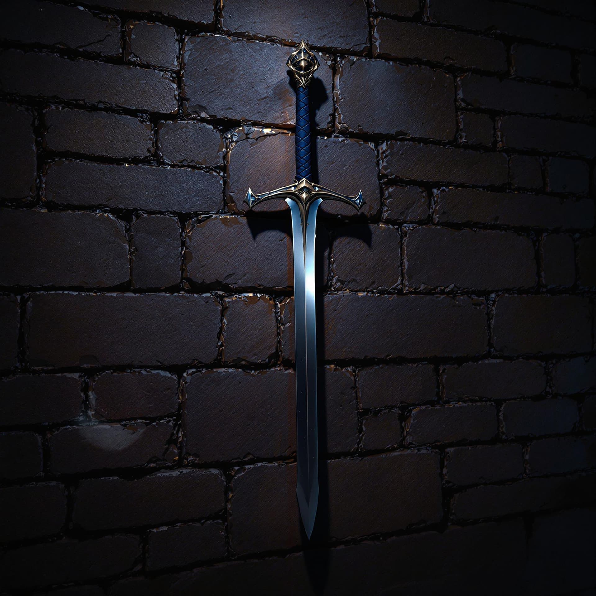AI generated: castle wall background night, league of legend Leona, ultra realistic, light armor, sword Point down...