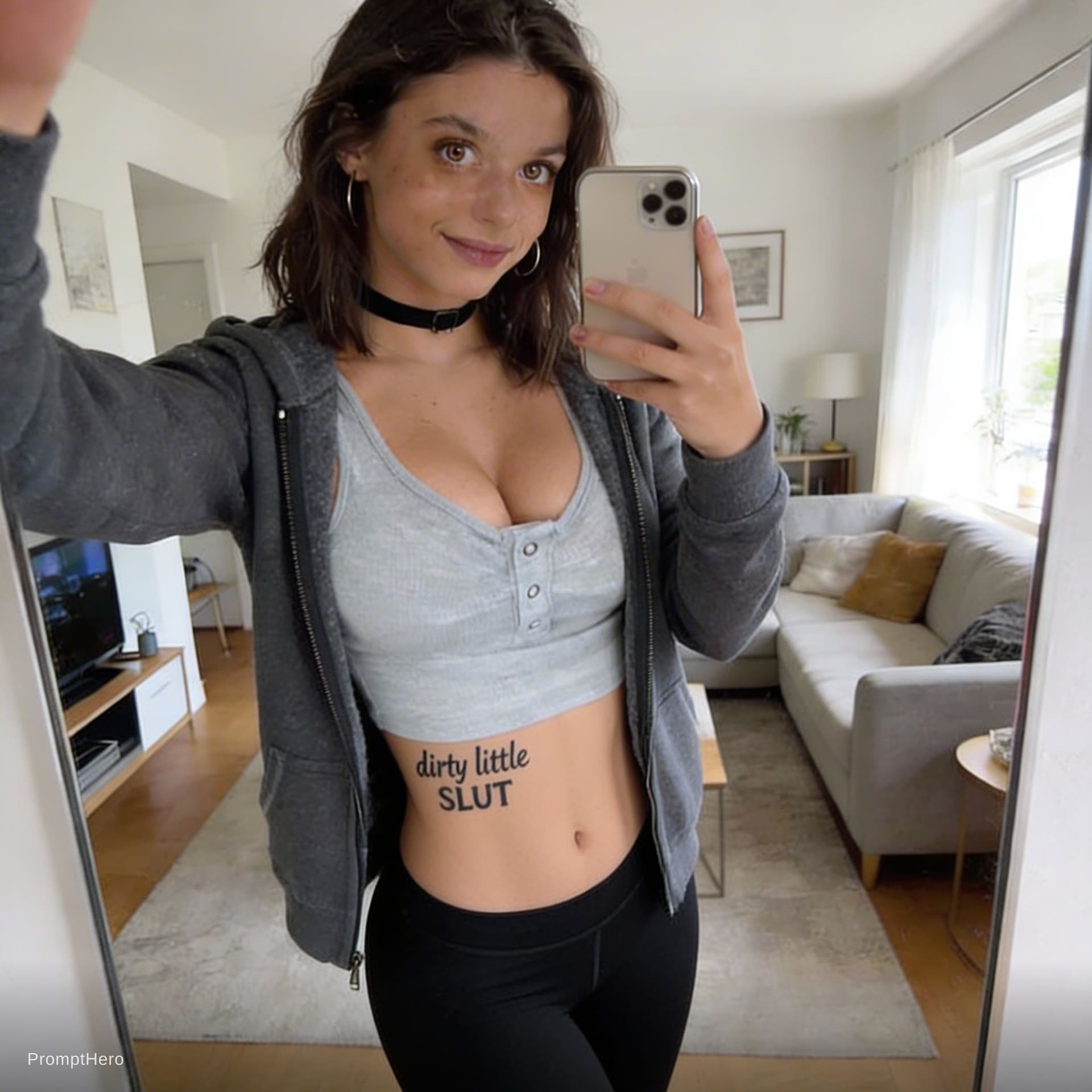 AI generated: Put this given outfit on her , realistic, perfectly fits into her anatomy, make her skinny, tattoo w...