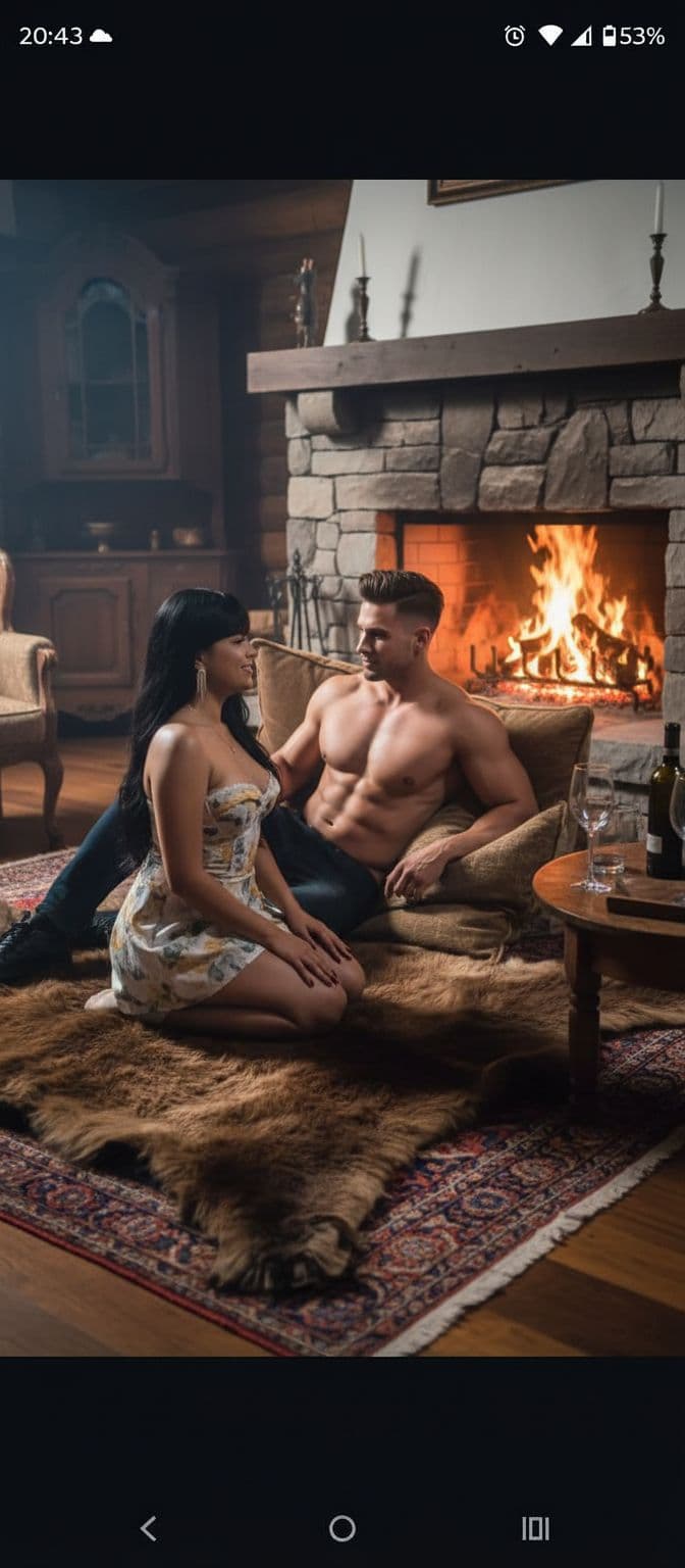 AI generated: A woman kneeling on a bearskin rug in front of a fireplace giving a muscular man 