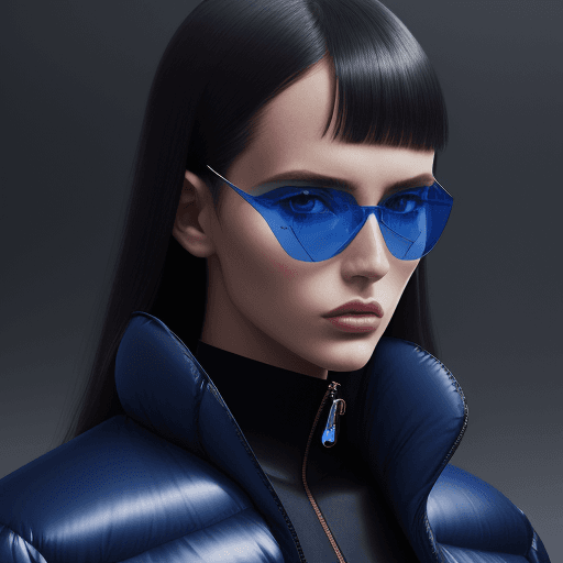 AI generated: Fashion shoot, Jacquemus and Moncler collaboration: dark blue translucent futuristic sunglasses, rea...