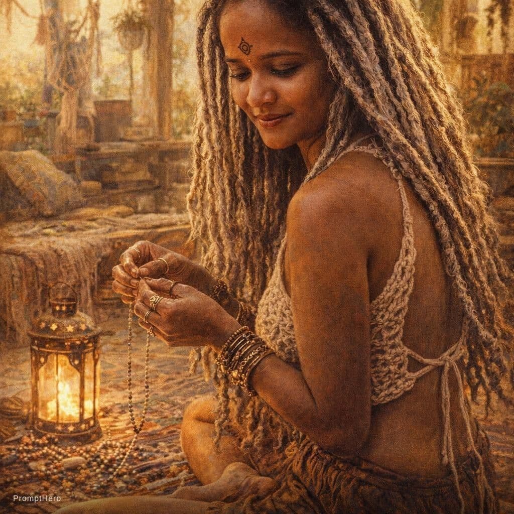 AI generated: A soft, round-bodied woman with silver-streaked, waist-length dreadlocks frames her face in loose, s...