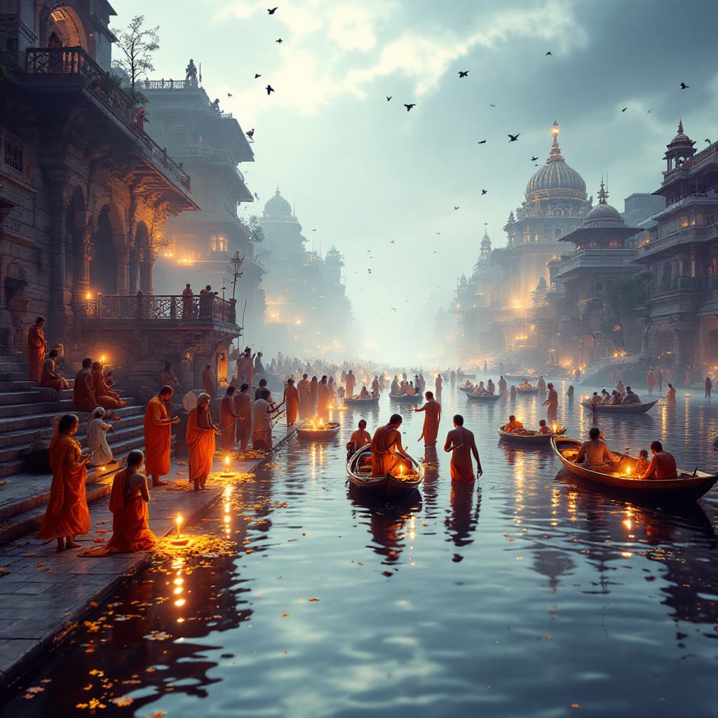 AI generated: A highly psychedelic, futuristic, surreal photo of the Ganges River in Varanasi at sunrise. The gold...