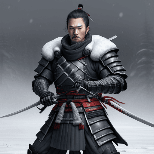 AI generated: a samurai in the snow with swords in his hands, holding in the snow, in the style of realistic fanta...