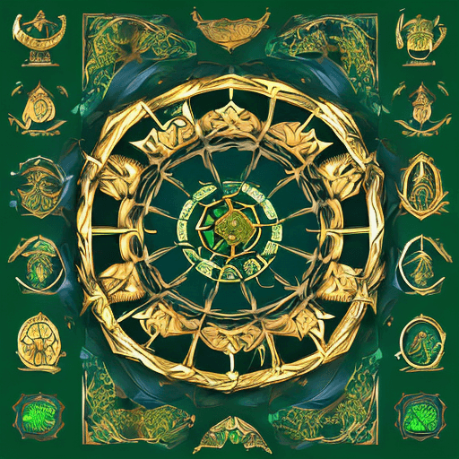 AI generated: cascading concept art, in the style of medieval fantasy astrology, golden trims, elliptical, archety...