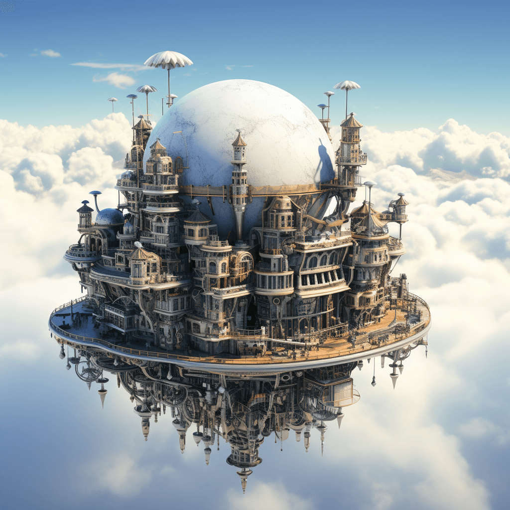 AI generated: futuristic structure which is floating on top of the clouds, in the style of intricate steampunk, el...