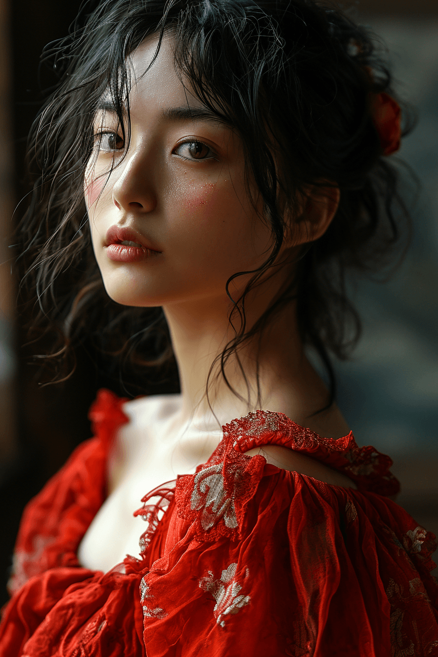 AI generated: a young woman in a red dress with long eyelashes, in the style of oshare kei, intriguingly taboo, ca...
